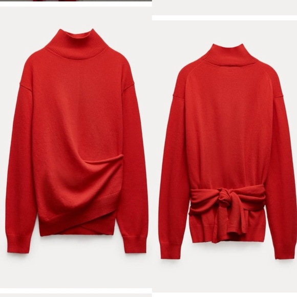 Zara | 100% Cashmere Knotted Red Mock Neck Sweater Size: M/L - Picture 1 of 7